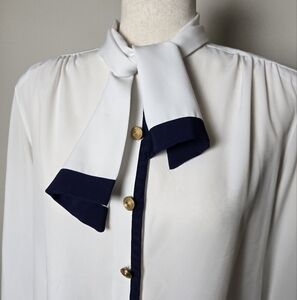 VINTAGE | Alfred Dunner Tie-Neck Nautical Sailor Long-Sleeve Button-Up Blouse 12
